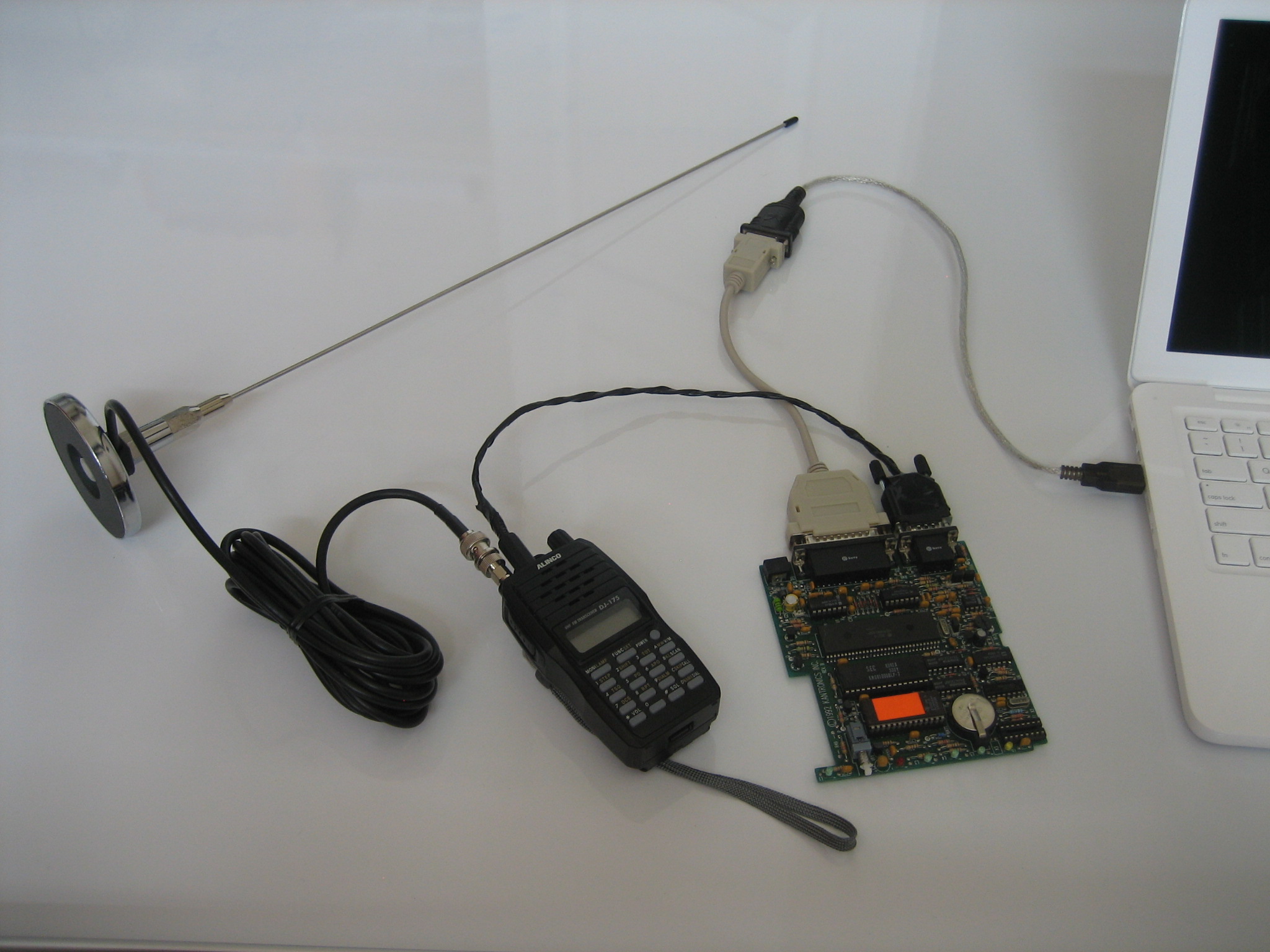 Balloon tracking equipment: handheld radio, TNC board, antenna and laptop