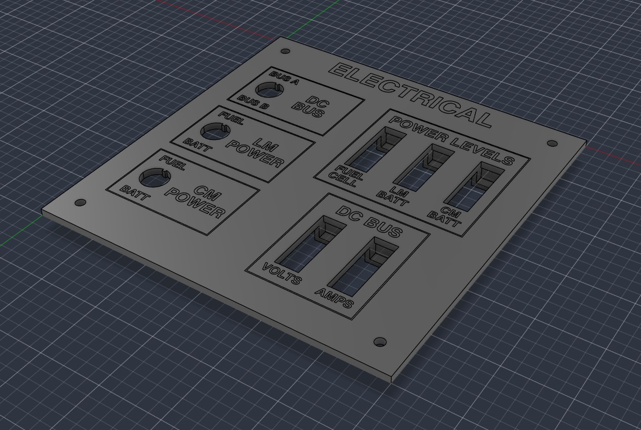 3D model of the Electrical panel in Autodesk Fusion with raised lettering and cutouts for switches and bar graphs