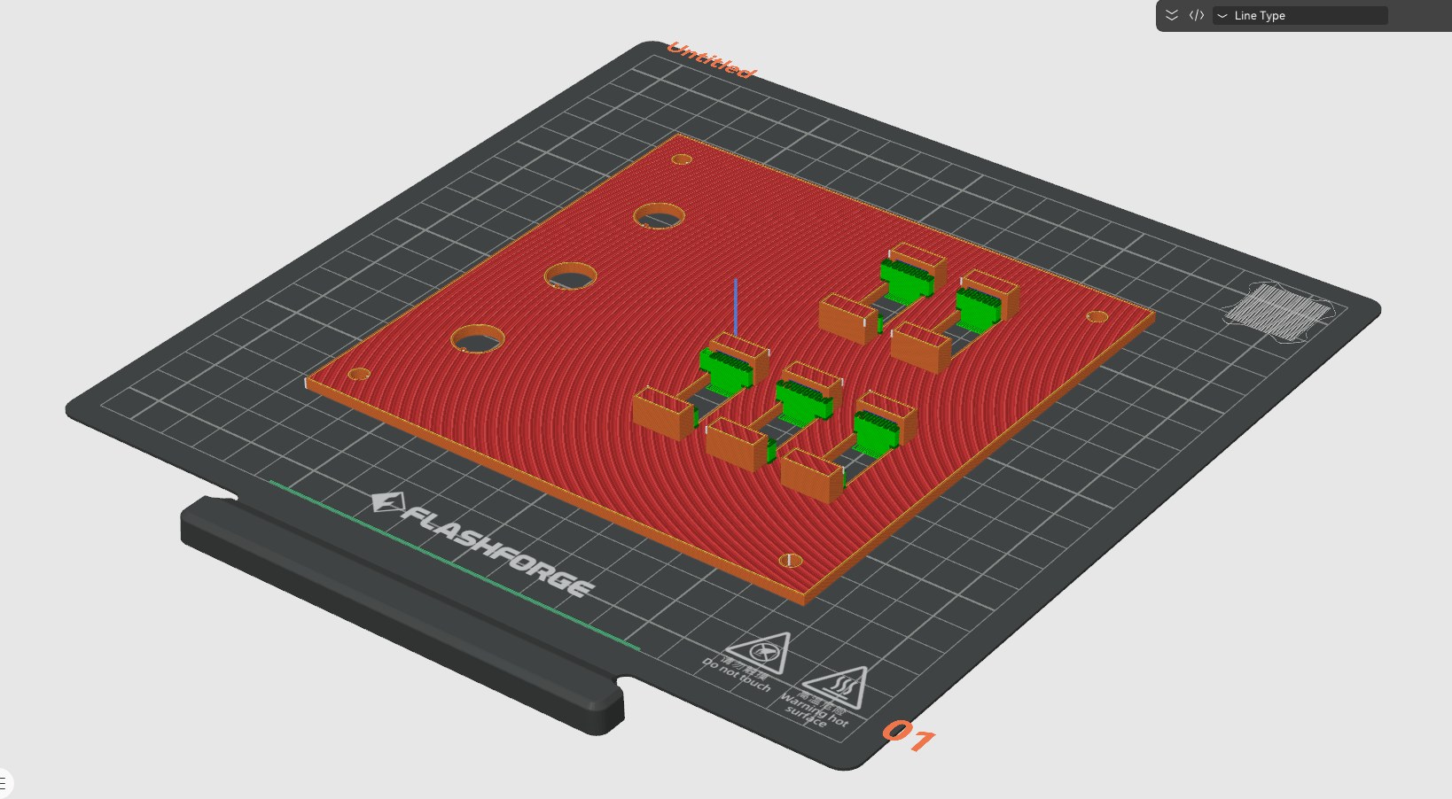 Electrical panel sliced face-down in OrcaSlicer on the Flashforge build plate