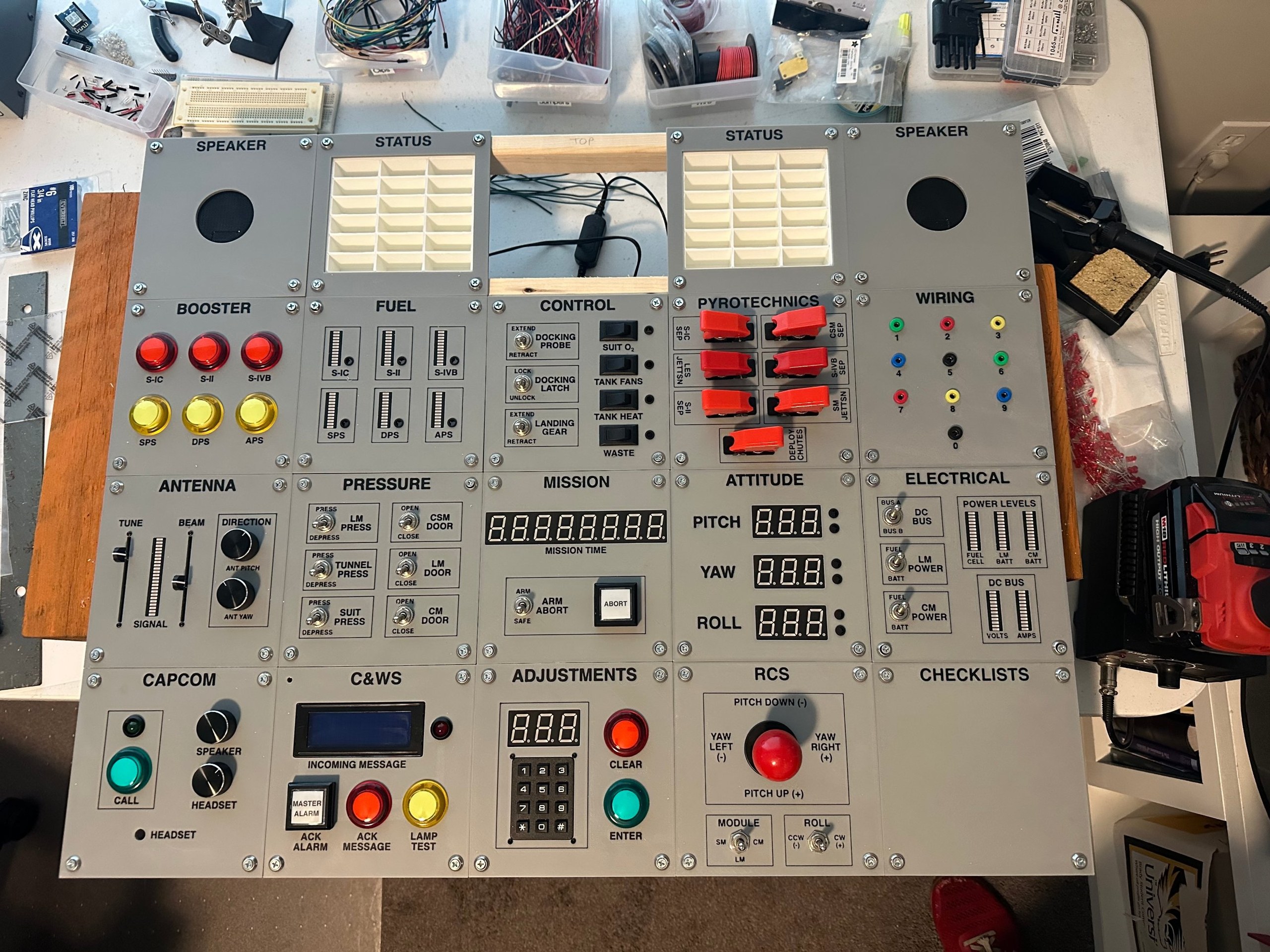 All Apollo simulator panels mounted together on a 1x2 wooden frame