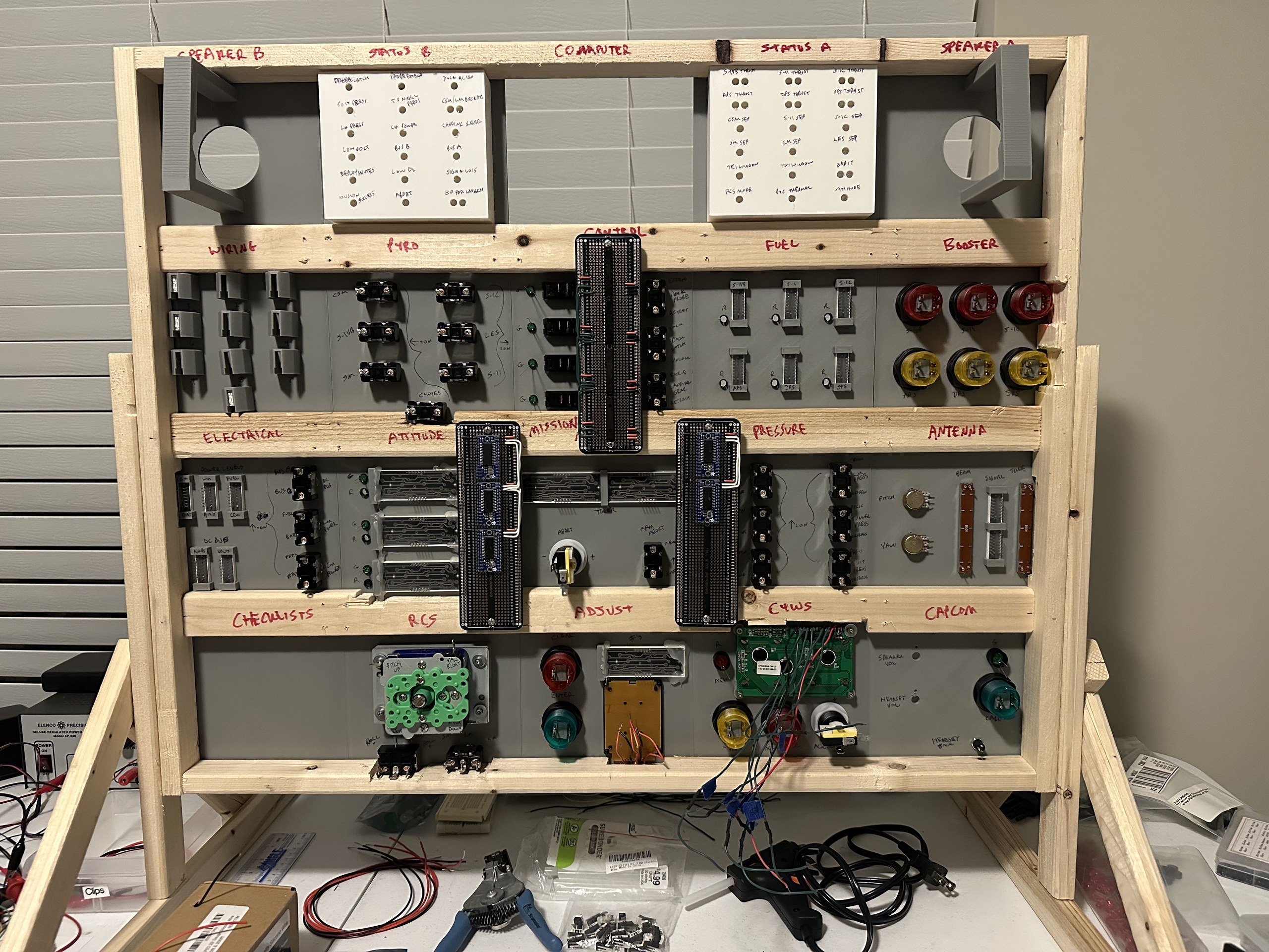 Back of the Apollo simulator panel with the LED driver and I/O expander protoboards mounted in the center