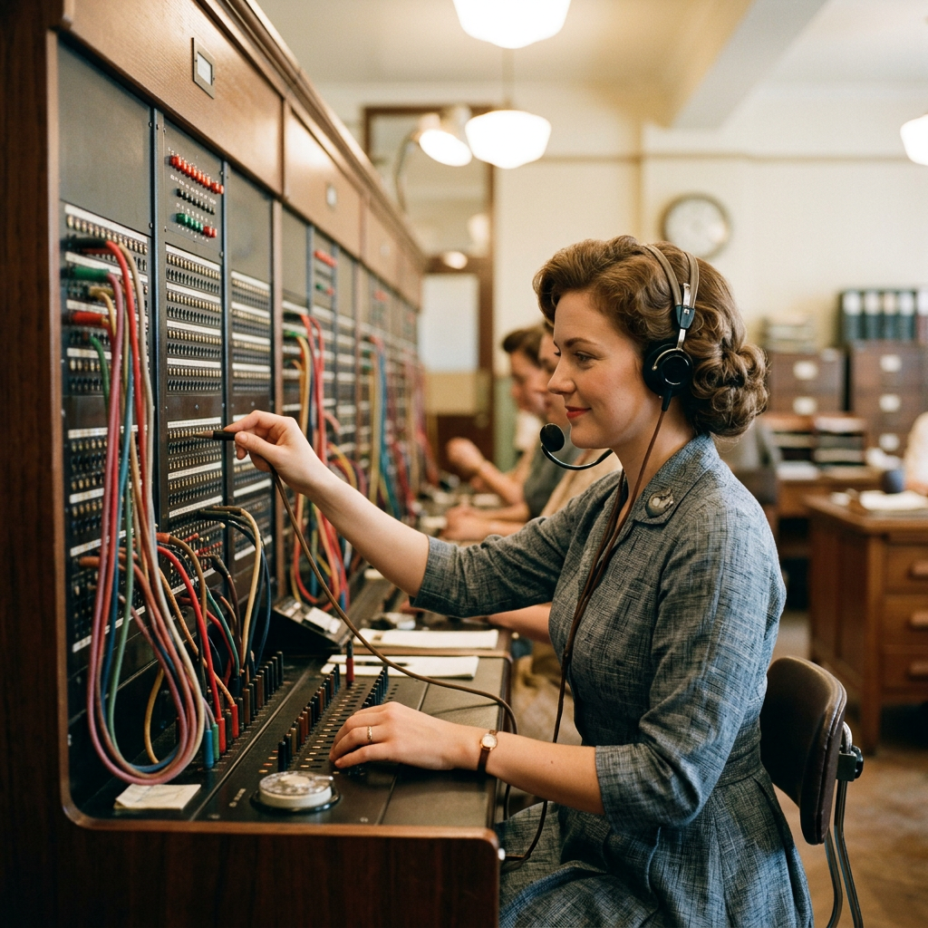 Telephone operator connecting calls at a vintage switchboard